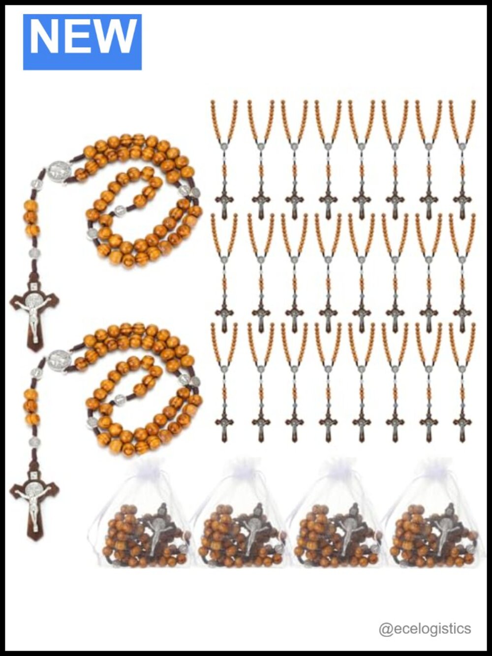 Wooden Rosary Necklace Set of 24 with Organza Bags, 17.32"